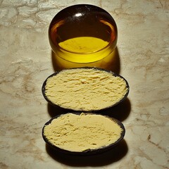 Yellow Creamy Substance in Black Bowl on Beige Surface with Round Glass Object