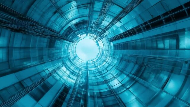 Low angle view of futuristic building interior showing repeating geometric pattern converging to blue circle opening