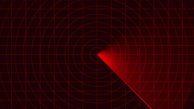 Red radar screen with scanning beam and circular grid - overlay animation for video compositing