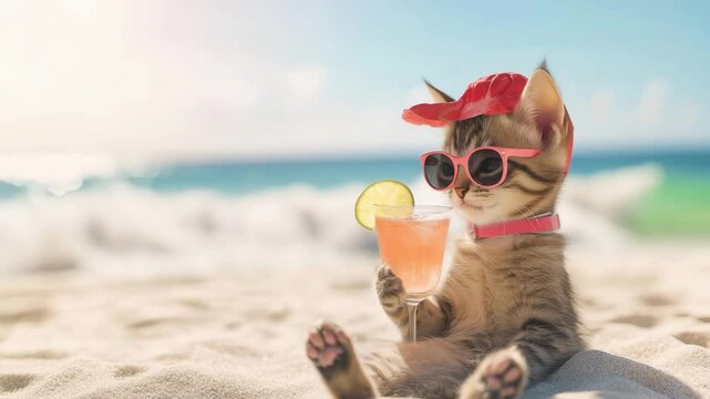 Adorable kitten in sunglasses and colorful hat enjoys refreshing drink on tropical beach