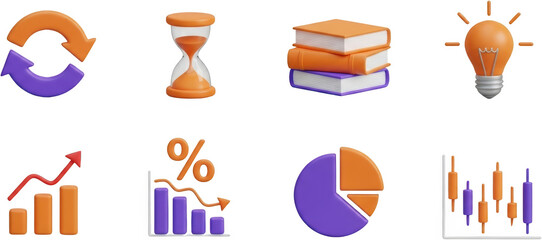 Collection of 3D business and finance icons including charts hourglass books and lightbulb transparent background