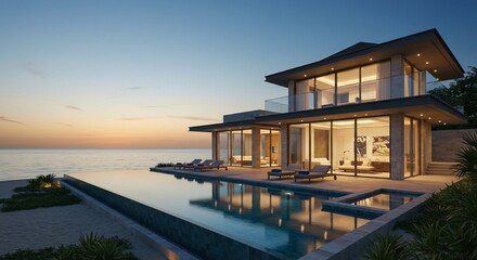 Luxurious Modern Beachfront Villa with Infinity Pool at Sunset, Reflecting Light