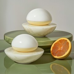 Curated Sage Green Surface with Modern Objects and Citrus Accent
