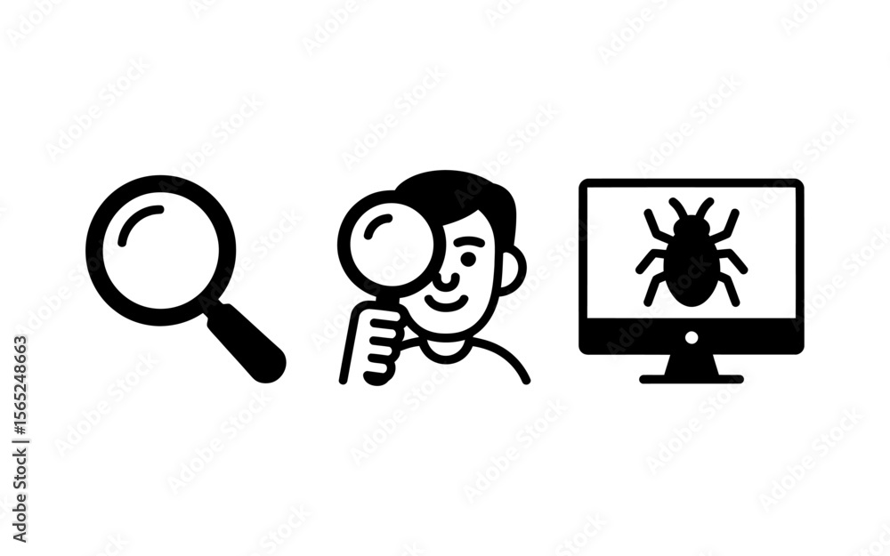 Fototapete Vector Magnifying glass icons representing search analysis and bug detection on computer screen