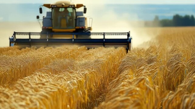 Seasonal wheat harvest by combine, concept of agricultural business, eco products	