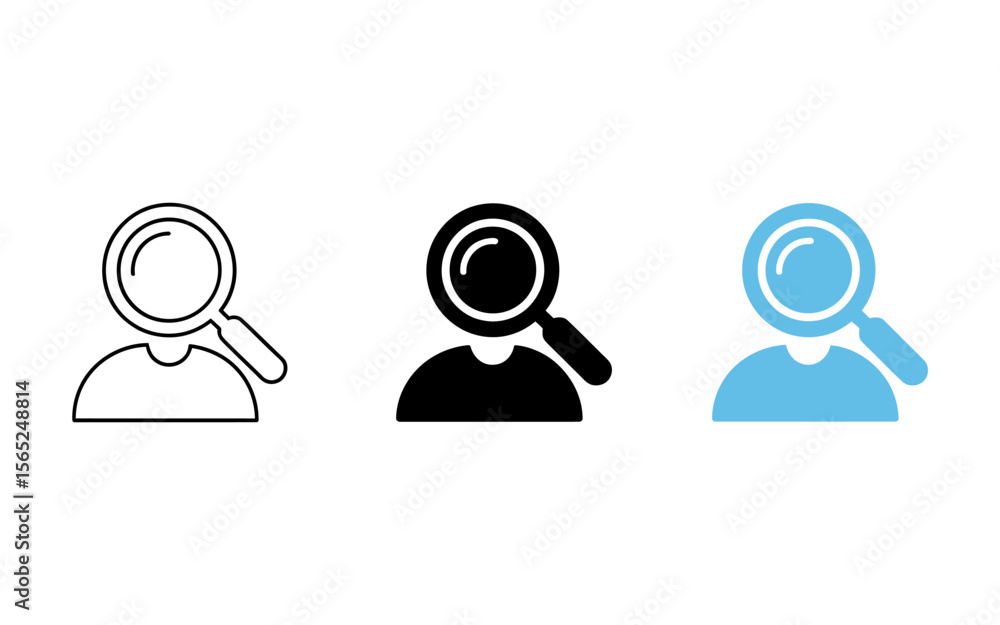 Poster vector three stylized icons representing a person with a magnifying glass indicating search or analy