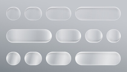 Liquid glass collection of transparent, rounded buttons and shapes, showcasing a modern aesthetic for UI designs