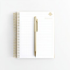Minimalist Workspace with Cream Notebook and Gold Pen on White Background