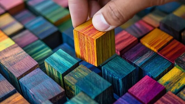 Hand picking colorful wooden block from a large group of blocks, representing selection, unique, and difference