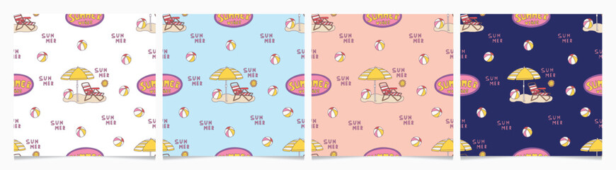 Set of hand drawn vector seamless patterns with beach umbrella on sand, Summer Beach collection. 