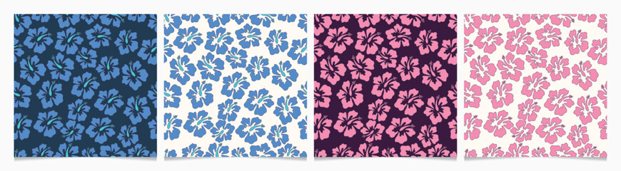 Set of hand drawn vector seamless patterns with abstract hibiscus pink and blue, Summer Beach collection.  © Olga