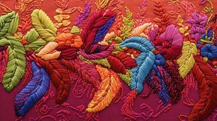 Vibrant embroidered floral design on textile.