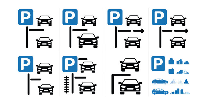 Parking Lot Scenarios: Parallel, Entrance, Metered and Handicapped Parking Icon Set