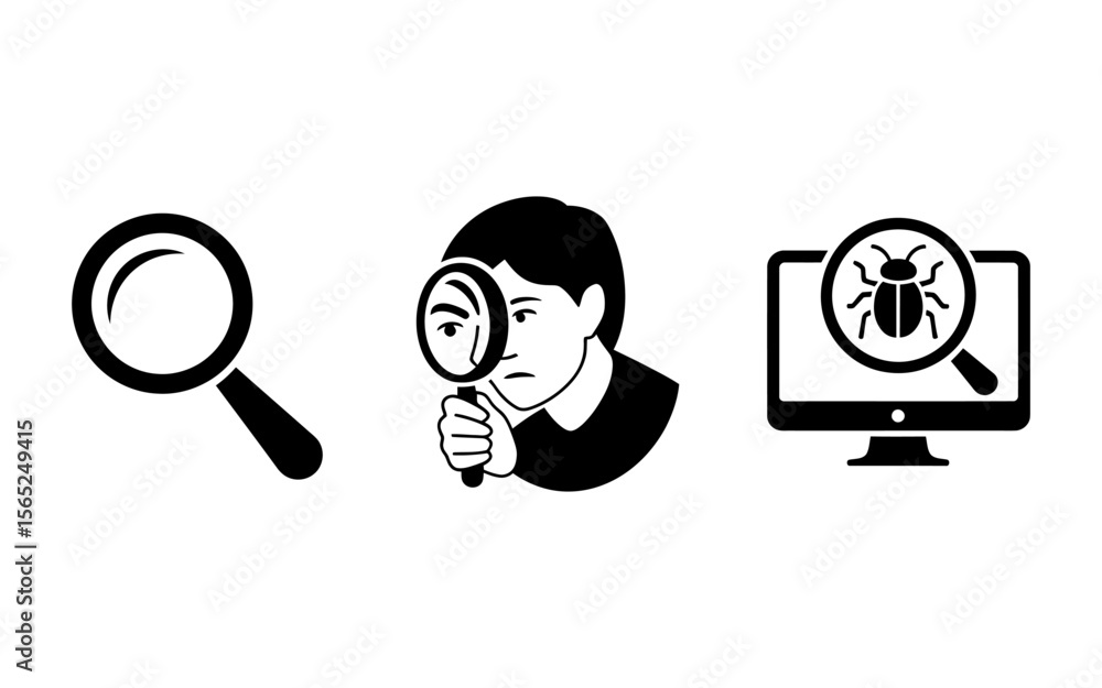 Fototapete Vector Magnifying glass icons representing search analysis and bug detection on computer screen