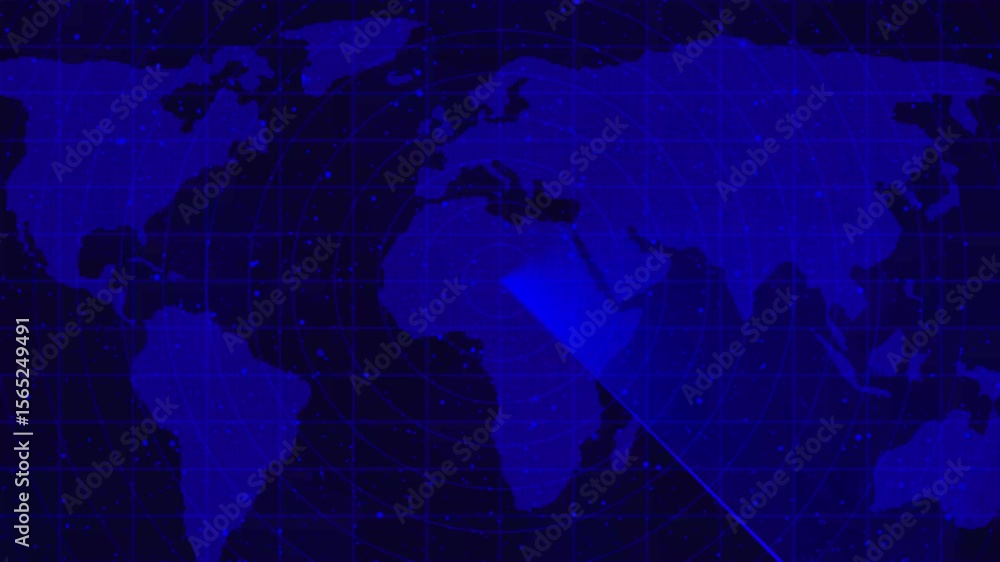 Poster digital blue radar screen with world map with sweeping beam rotating across the display