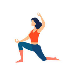 woman doing yoga using blue pants, orange shirt and blue hair