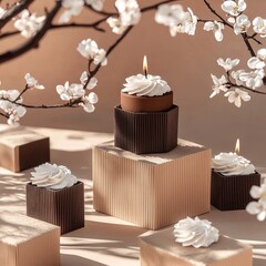 Elegant Stacked Beige Canvas Items with Blossoming Branches in Soft Light