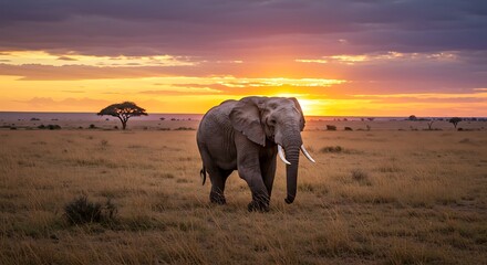 Naklejka premium elephants at sunset