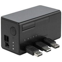 Angled View of Black USB Hub with Attached Cables, Isolated on Transparent Background PNG