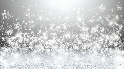 Winter snowfall, silver sparkles, festive background.  Detailed with many snowflakes,  glitter, and soft lighting