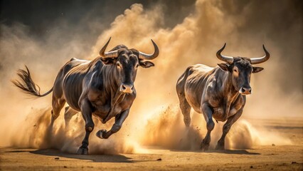 Powerful Bovines Charging Through a Dusty Plain, Majestic Horns Held High, Muscles Rippling with Effortless Speed and Strength