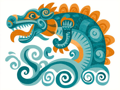 A vector illustration of a Polynesian Taniwha creature with swirling wave motifs