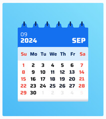 September 2024 calendar. Blue calendar portrait. 2024 Weekend sunday and saturday style. Grid layout. Monthly calendar sheet sept 2024. Vector illustration