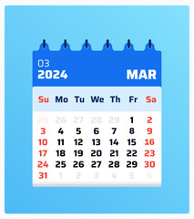 March 2024 calendar. Blue calendar portrait. 2024 Weekend on saturday and sunday. Grid layout. Date of monthly calendar march 2024. Vector illustration
