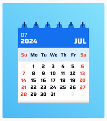 July 2024 calendar. Blue calendar portrait. 2024 Weekend follows saturday and sunday. Design layout. Monthly calendar sheet july 2024. Vector illustration
