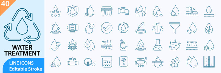 Water treatment icon set. Water treatment line icons. Containing water filter, purification and more. Vector icons collection. Vector illustration.