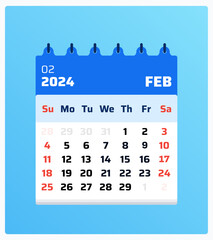 February 2024 calendar. Blue calendar portrait. 2024 Weekend at sunday and saturday. Clean template. Date of monthly calendar feb 2024. Vector illustration