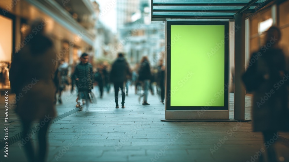 Poster an eyelevel perspective of a digital billboard showcasing an empty green screen suggesting possibili