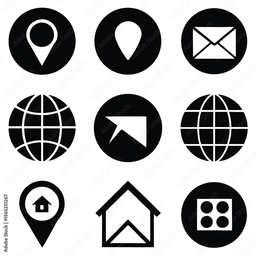 Poster simple black and white icon set embodying navigation contact and home represented through map pointe