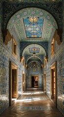 Obraz premium The interior of the arched building is decorated with colorful, traditional Mexican tiles.