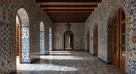 Obraz premium The interior of the arched building is decorated with colorful, traditional Mexican tiles.