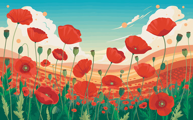 Obraz premium Vibrant Digital Illustration of a Poppy Field A Summer Landscape
