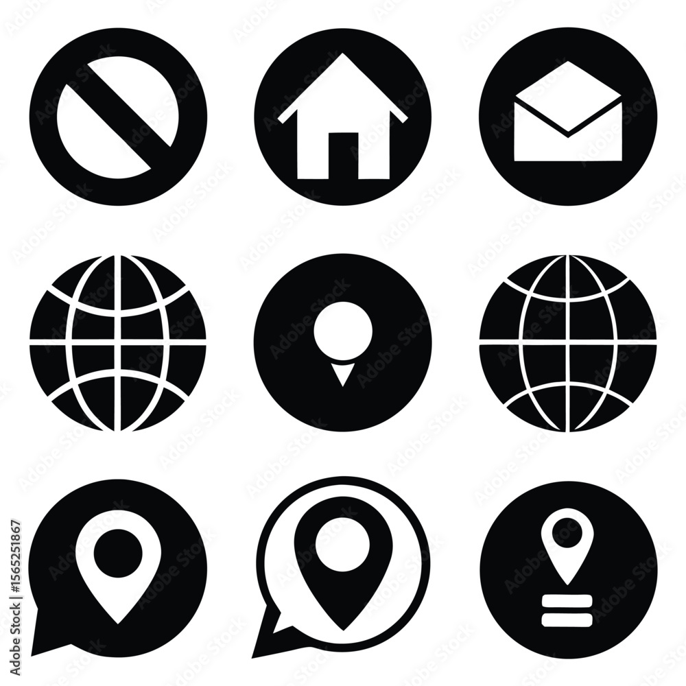 Poster assorted black and white iconography set depicting common web and mobile app symbols on circular and