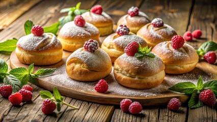 Sweet Pastry Delights A Collection of Powdered Sugar-Dusted Doughnuts Topped with Fresh Raspberries and Mint Leaves, Arranged on a Rustic Wooden Board