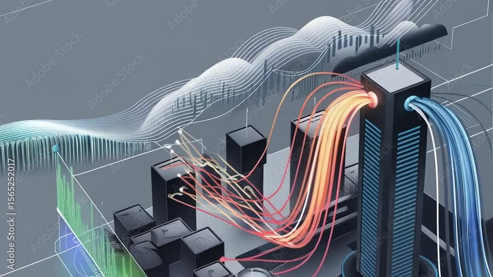 Poster modern urban landscape with data streams flowing into a central hub