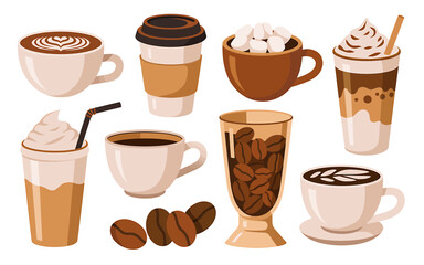 A Flat Minimalist Illustration of Various Coffee Drinks Latte, Espresso, Mocha, and More