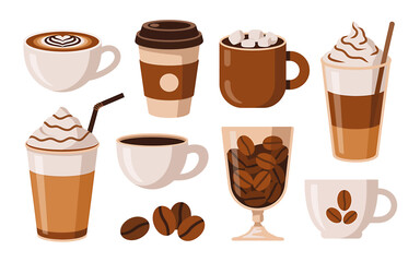 Obraz premium A Flat Minimalist Illustration of Various Coffee Drinks Latte, Espresso, Mocha, and More