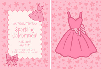 Pink glamorous birthday party invitation with cute decorative elements including dress, bow, shoes, rainbow and hearts on vibrant pink and white background. Vector illustration.