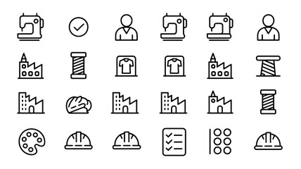 A Set of 20 Black and White Line Art Icons Sewing, Manufacturing, and Design