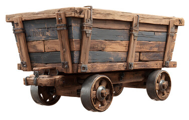 3D render of a wooden mining cart on wheels, isolated on a transparent background