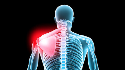 Digital illustration of a human torso highlighting skeletal structure, specifically the spine and shoulder, with a localized area of red indicating pain.