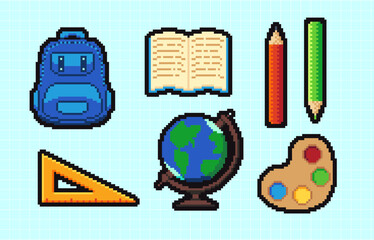 Abstract back to school supplies pixelated icons. Retro 8 bit pixel art icon set, university, education items