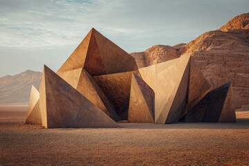 Architecture geometry A desert outpost with walls made of folded origami-like steel precise angular design