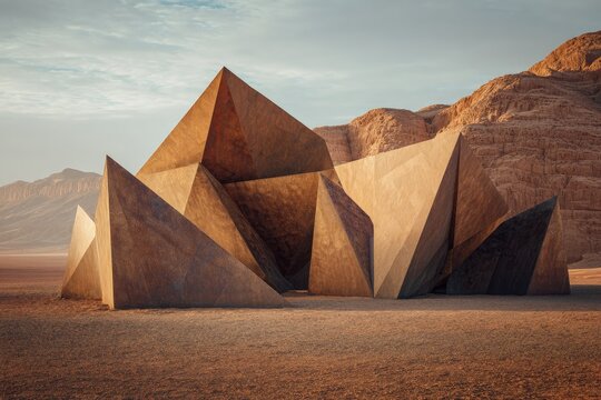 Architecture geometry A desert outpost with walls made of folded origami-like steel precise angular design