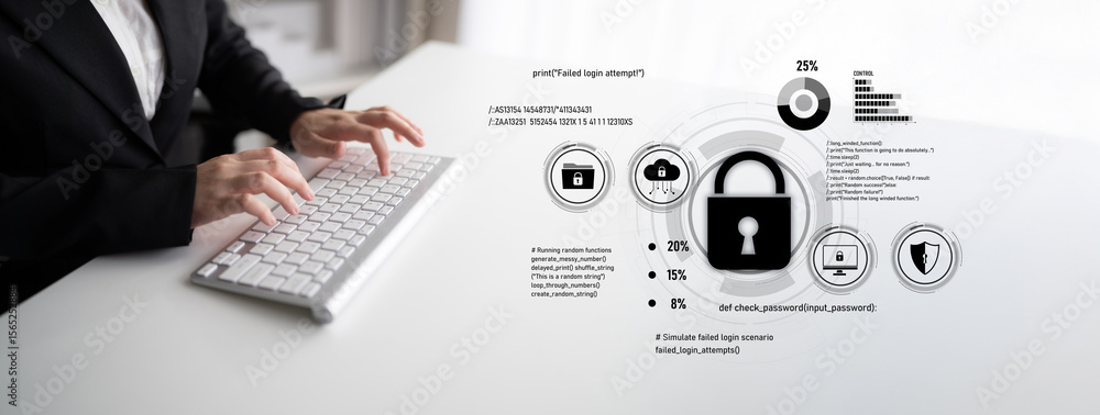 Poster cyber security protects against breaches, hacks, and network attacks using strong infrastructure and