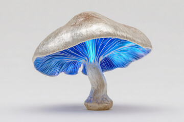 A photorealistic glowing mushroom with silver cap and blue luminescent gills